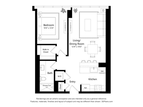 Floor plan for 1 bed, 1 bath, 720 sqft